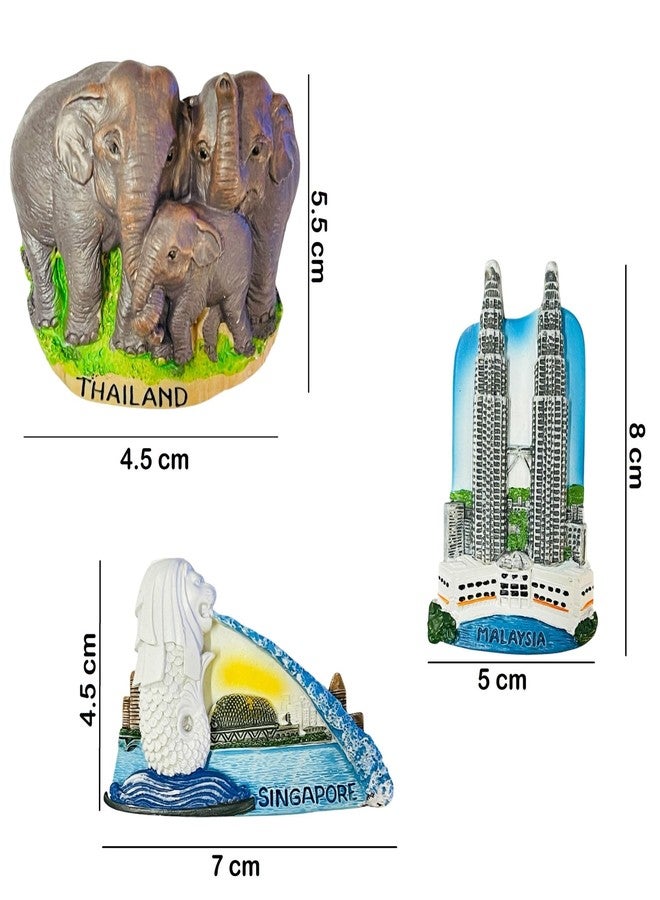 Moira 3D Resin Fridge Magnets Set of 3, Southeast Asia Landmarks, Singapore Merlion, Thailand Elephants, Malaysia Twin Towers, Travel Souvenir Collection - Image 3